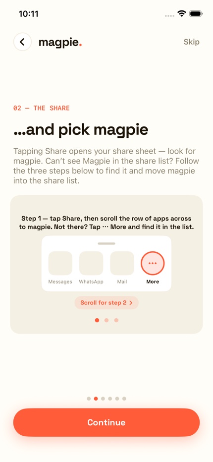 Step-by-step guide to pinning magpie in the iOS share sheet