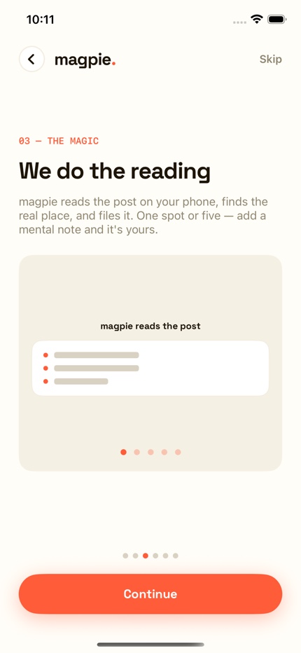 Magpie reading a shared post and finding the place