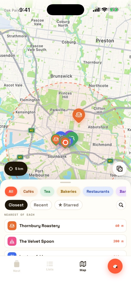 The magpie map showing the nearest saved place in each category