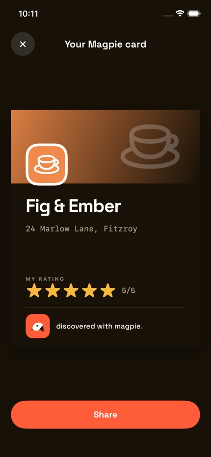 A generated Magpie place card with a venue name, address, five-star rating and Magpie logo